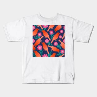 Colourful Birds and flowers pattern in navy background, Seamless repeat pattern Kids T-Shirt